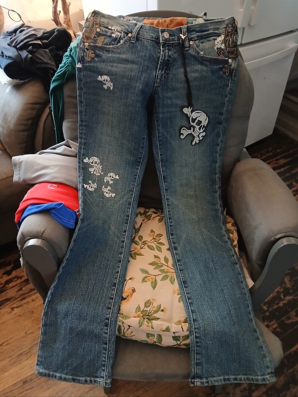 7 For All Mankind Blue Flared Jeans with White Skull Accents